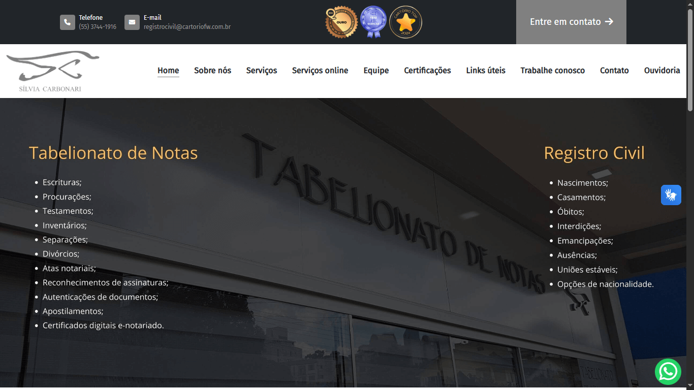 Screenshot do site cartoriofw.com.br